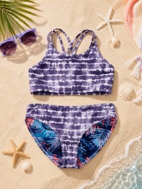 Athleta Girl Reversible Bikini Set Tropical Tie Dye Palm Print Girls M